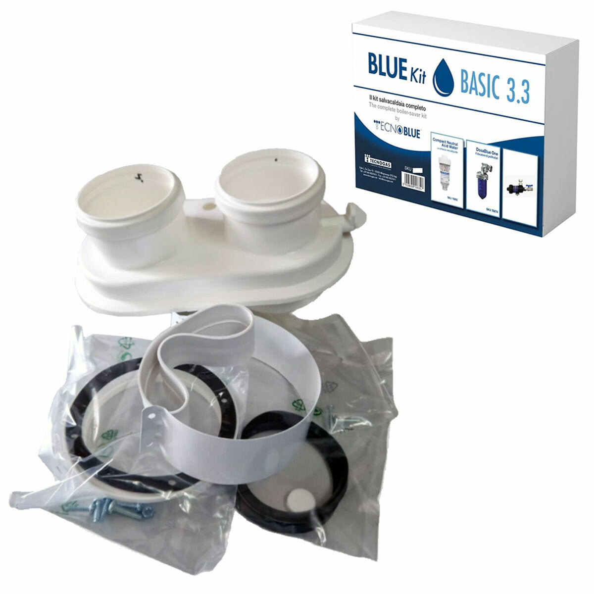 Boiler installation kit with universal split flue, dirt separator, polyphosphate dispenser and neutralizing cartridge