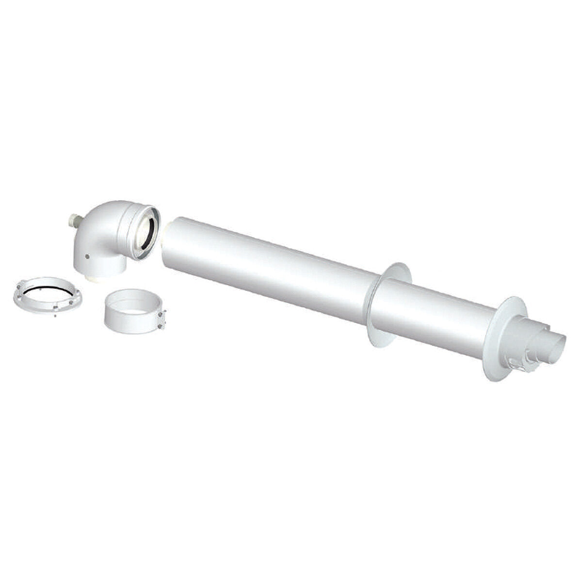 Boiler installation kit with universal coaxial flue gas exhaust, dirt separator, polyphosphate dispenser and neutralizing cartridge