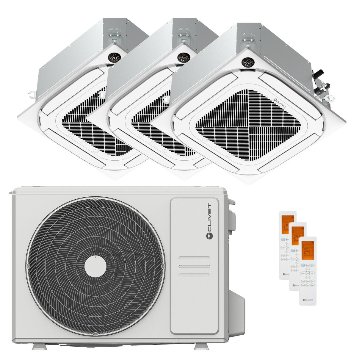 Clivet IBA1-Y 4-way compact cassette air conditioner, trial split, 9000+9000+9000 BTU, inverter, A++, wifi, external unit, 6.2 kW