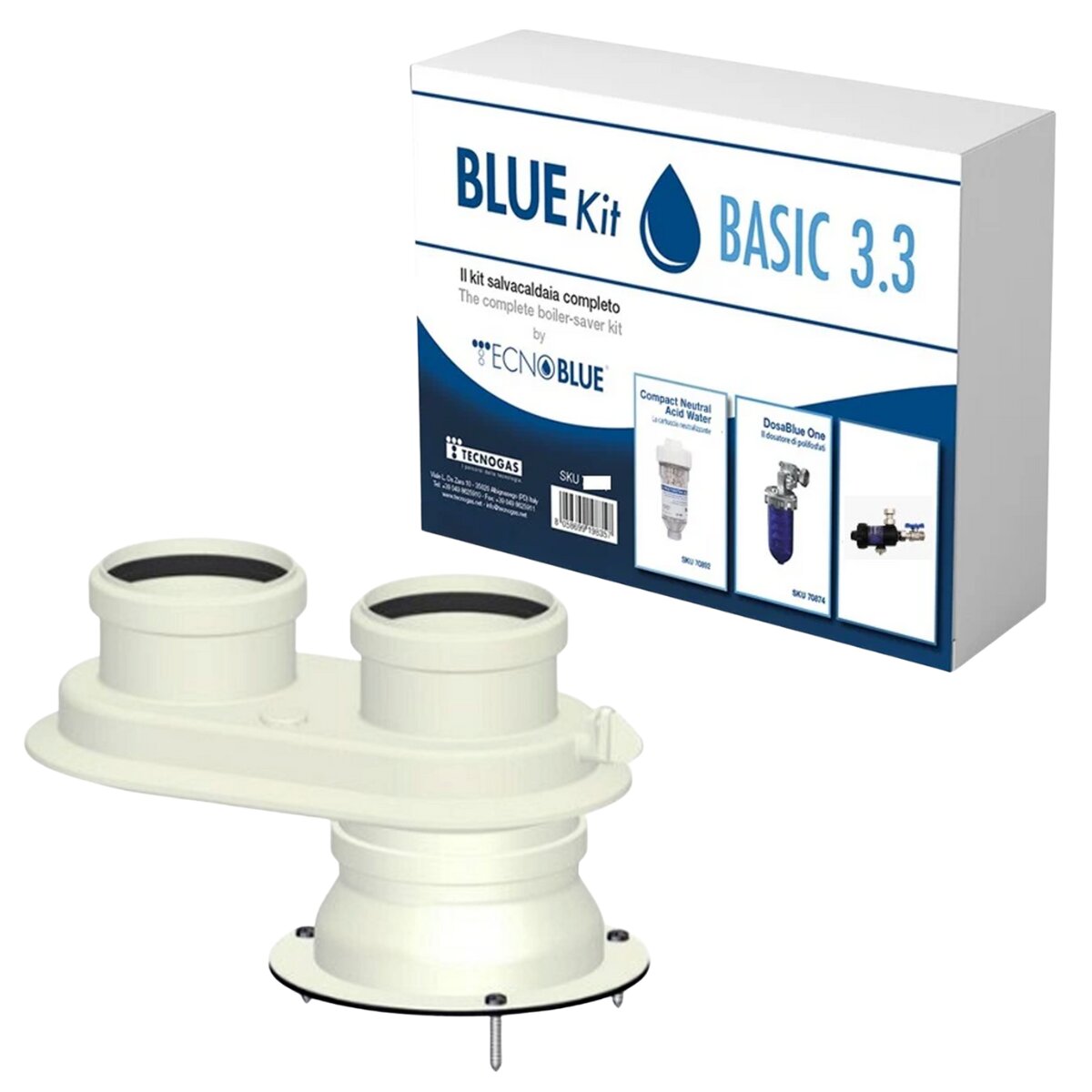 Bosch boiler installation kit with split flue, dirt separator, polyphosphate dispenser and neutralizing cartridge
