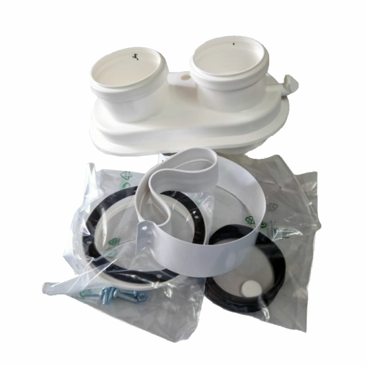 Boiler installation kit with universal split flue, dirt separator, polyphosphate dispenser and neutralizing cartridge