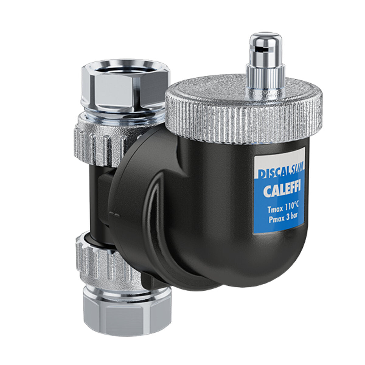 Caleffi discalslim deaerator with 3/4" f threaded connections for horizontal or vertical installation