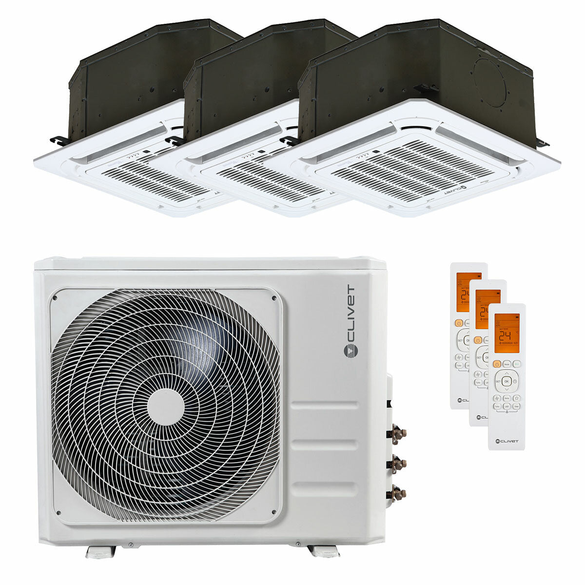 Climatiseur Clivet BOX 2 650x650 cassette 4 voies split d'essai 12000+12000+18000 BTU inverseur A++ unité extérieure 10,5 kW