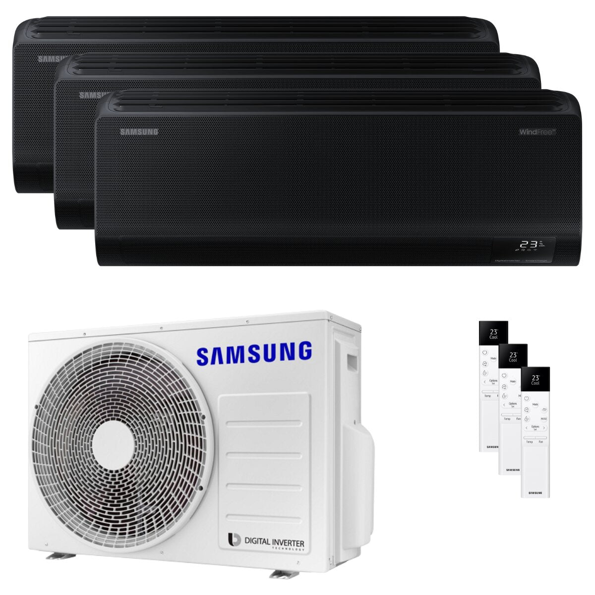 Climatiseur trial split Samsung Windfree Black 9000+9000+12000 BTU inverseur A++ unité extérieure wifi 5,2 kW