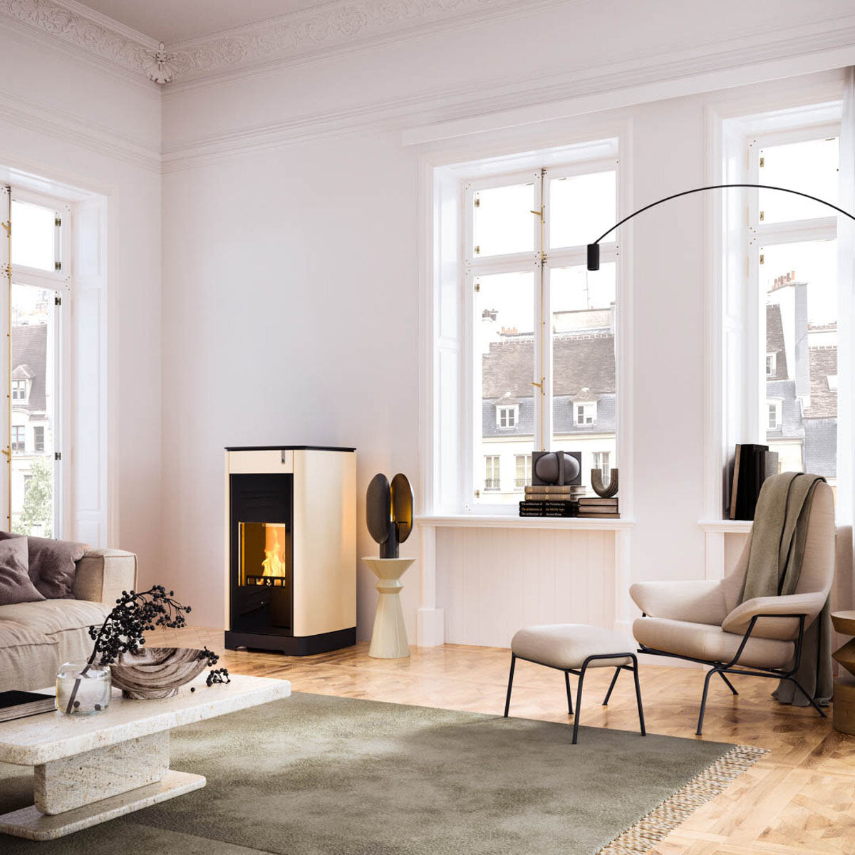 Girolami Furni 18 ivory multi-fuel stove, 18 kW, hydroelectric power supply + DHW kit