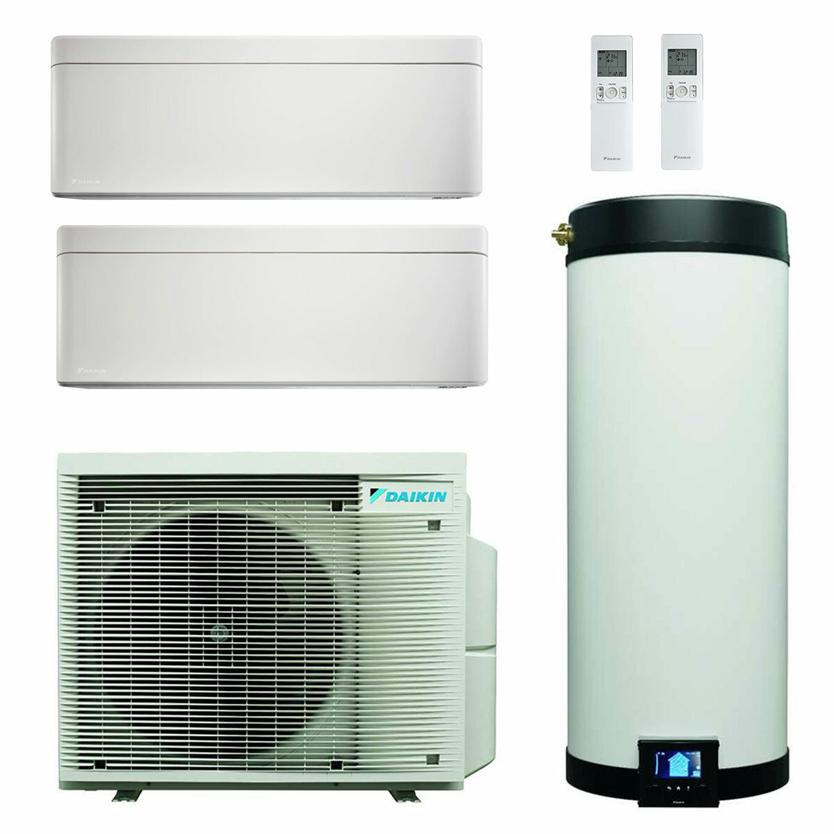 Daikin Multi+ dual split air conditioning and domestic hot water system - Stylish white internal units 7000+7000 BTU - 90 l tank