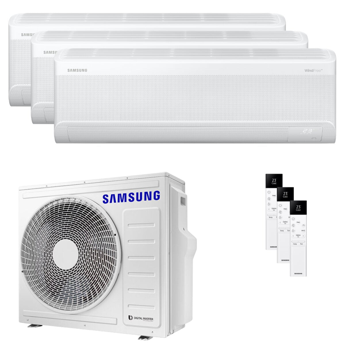 Climatiseur split d'essai Samsung Windfree Elite S2 7000+12000+12000 BTU inverter A++ wifi unité externe 6,8 kW