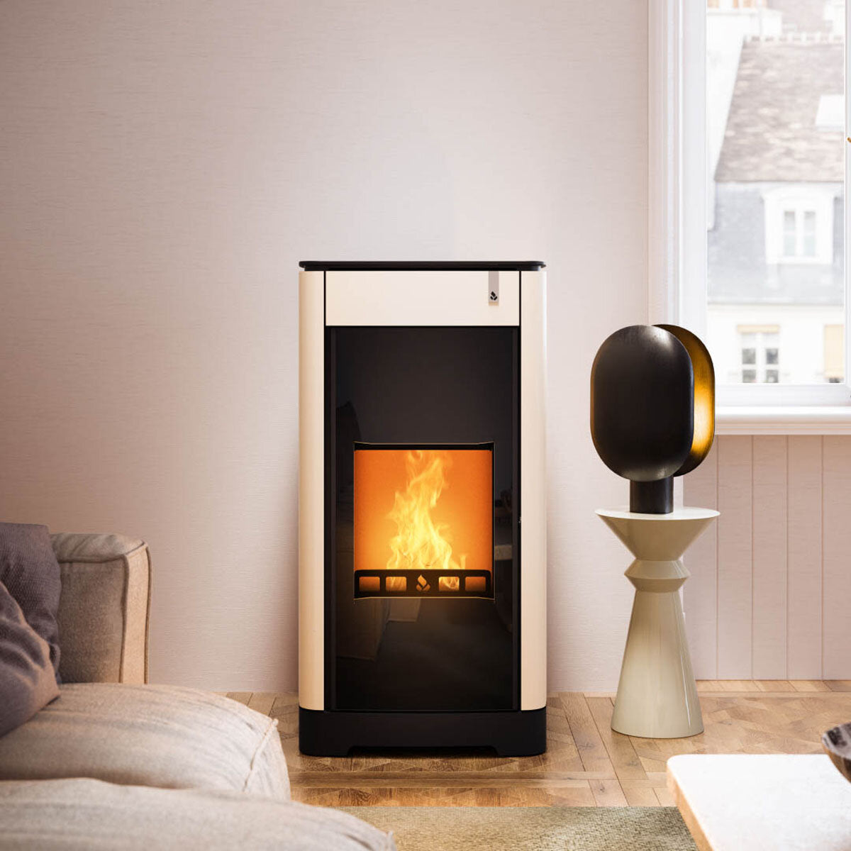 Poêle hydronique multi-combustible Girolami Furni 14 ivoire 15 kW + kit ECS
