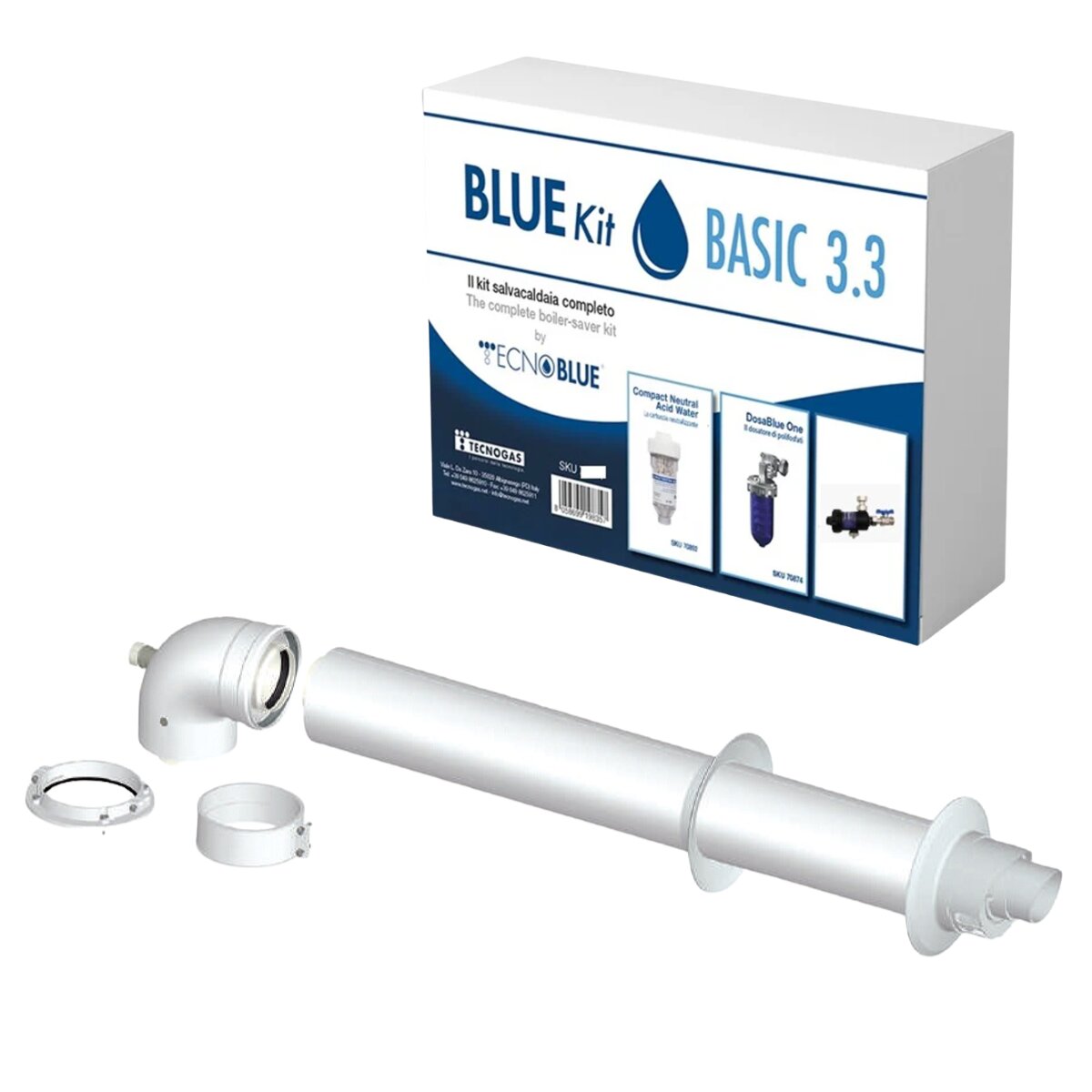 Boiler installation kit with universal coaxial flue gas exhaust, dirt separator, polyphosphate dispenser and neutralizing cartridge