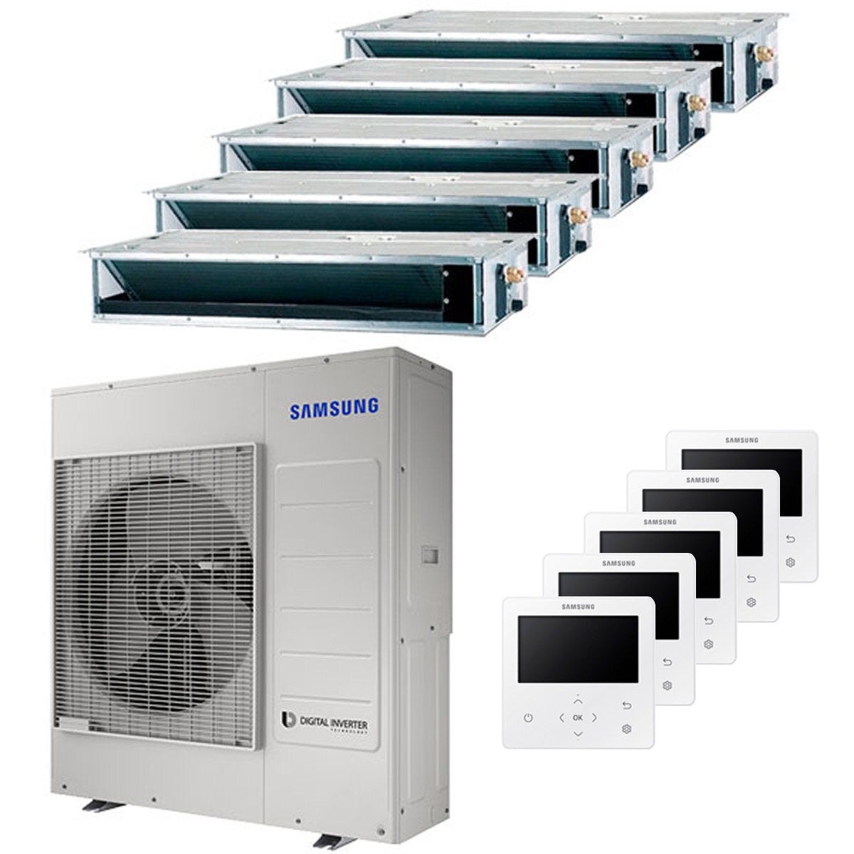 Kanalisierte Penta-Split-Klimaanlage von Samsung, 9000+9000+9000+9000+18000 BTU, Inverter A++, Außeneinheit 10 kW