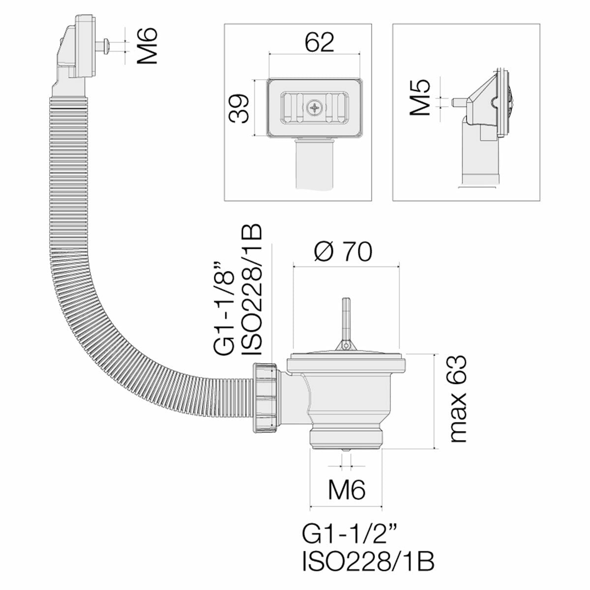 Valsir 1" 1/2 waste with cap and rectangular overflow