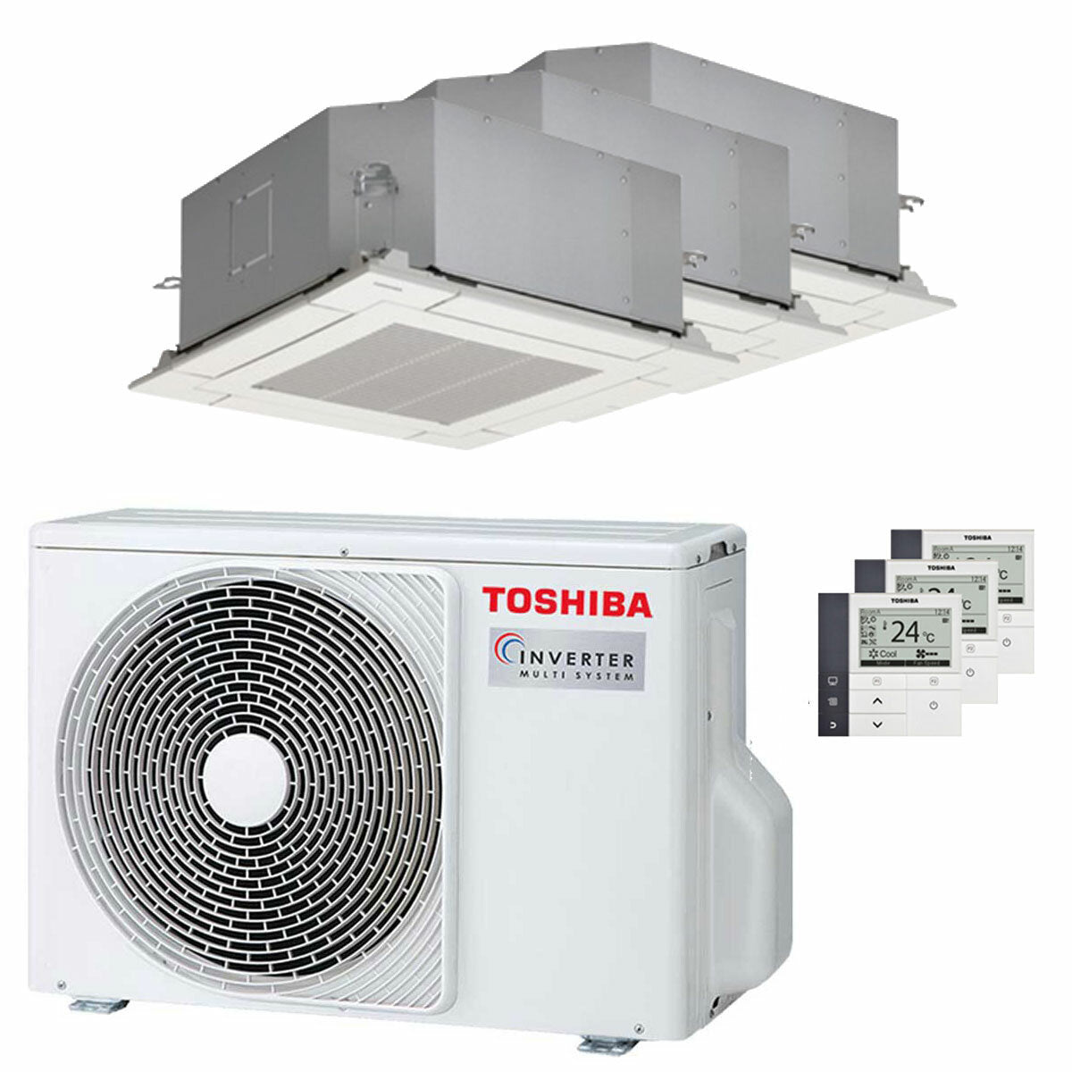 Climatiseur Toshiba Cassette compacte U2 4 voies trial split 9000+9000+12000 BTU inverseur A+++ unité extérieure 5,2 kW 