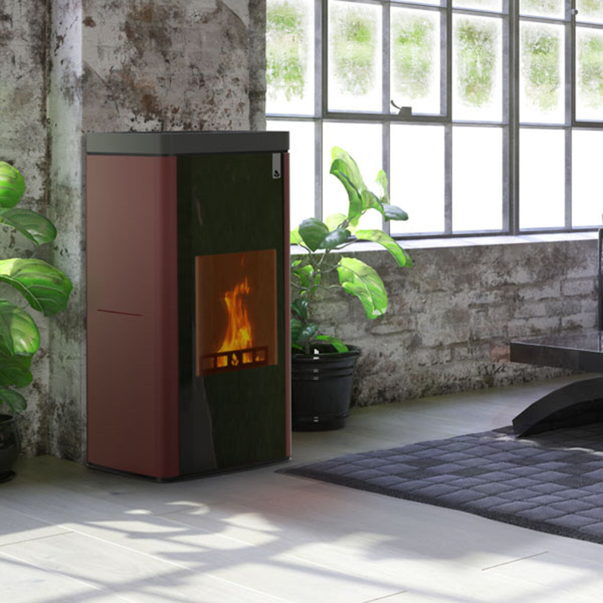 Poêle multi-combustibles Girolami Soft 18 Bordeaux, 18 kW, kit hydro + ECS
