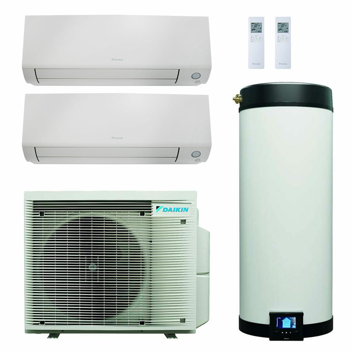 Système de climatisation et d'eau chaude sanitaire double split Daikin Multi+ - Unités intérieures Perfera All Seasons 12000+12000 BTU - Réservoir 90 l