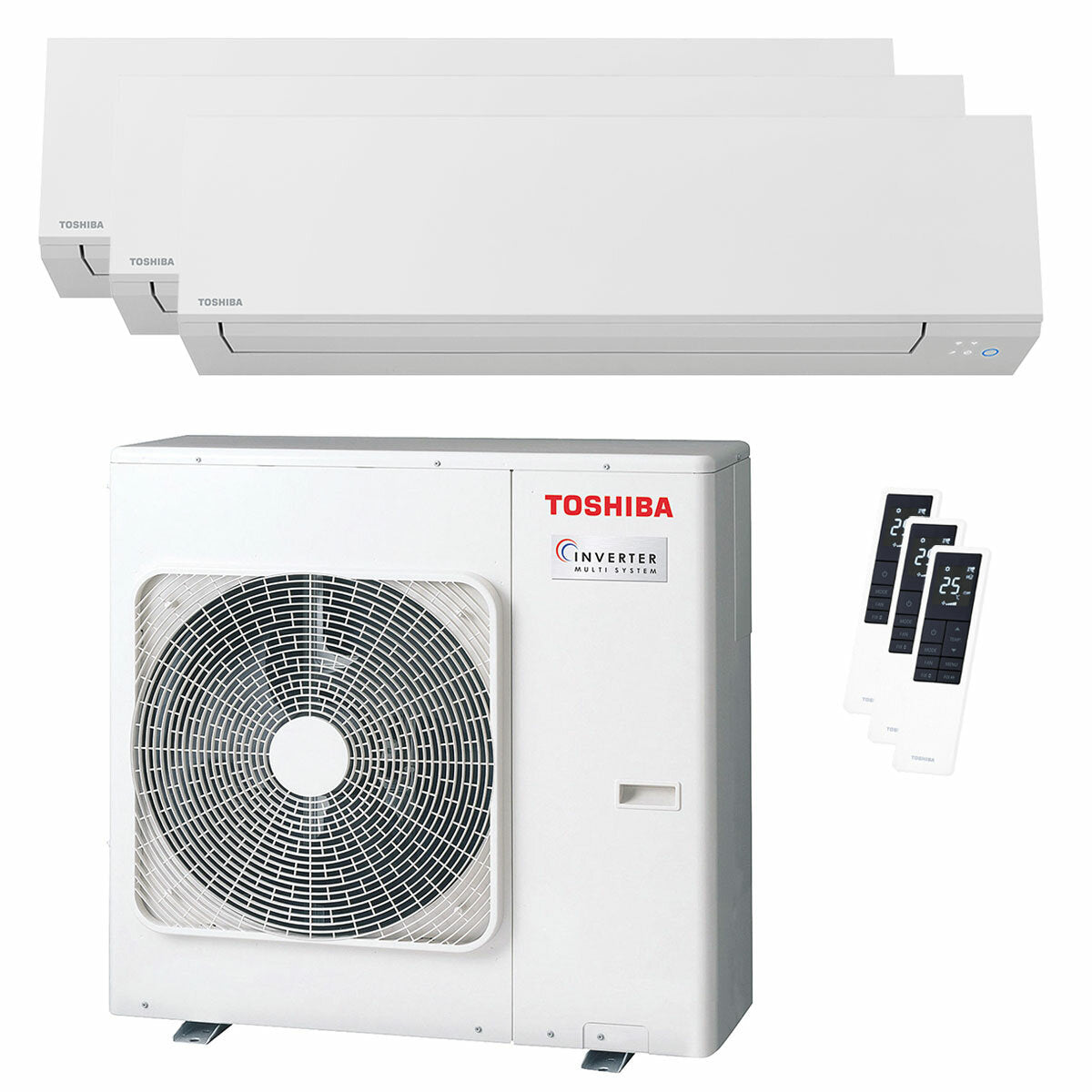 Climatiseur trial split Toshiba SHORAI Edge White 9000+9000+16000 BTU inverseur A+++ unité extérieure wifi 7 kW 