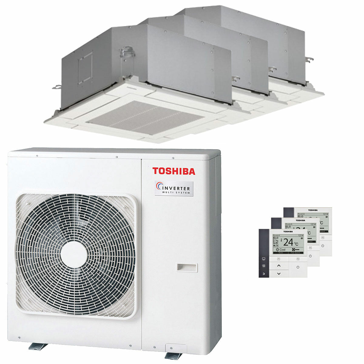 Climatiseur Toshiba U2 cassette compacte 4 voies trial split 9000+9000+12000 BTU inverseur A+++ unité extérieure 7 kW 