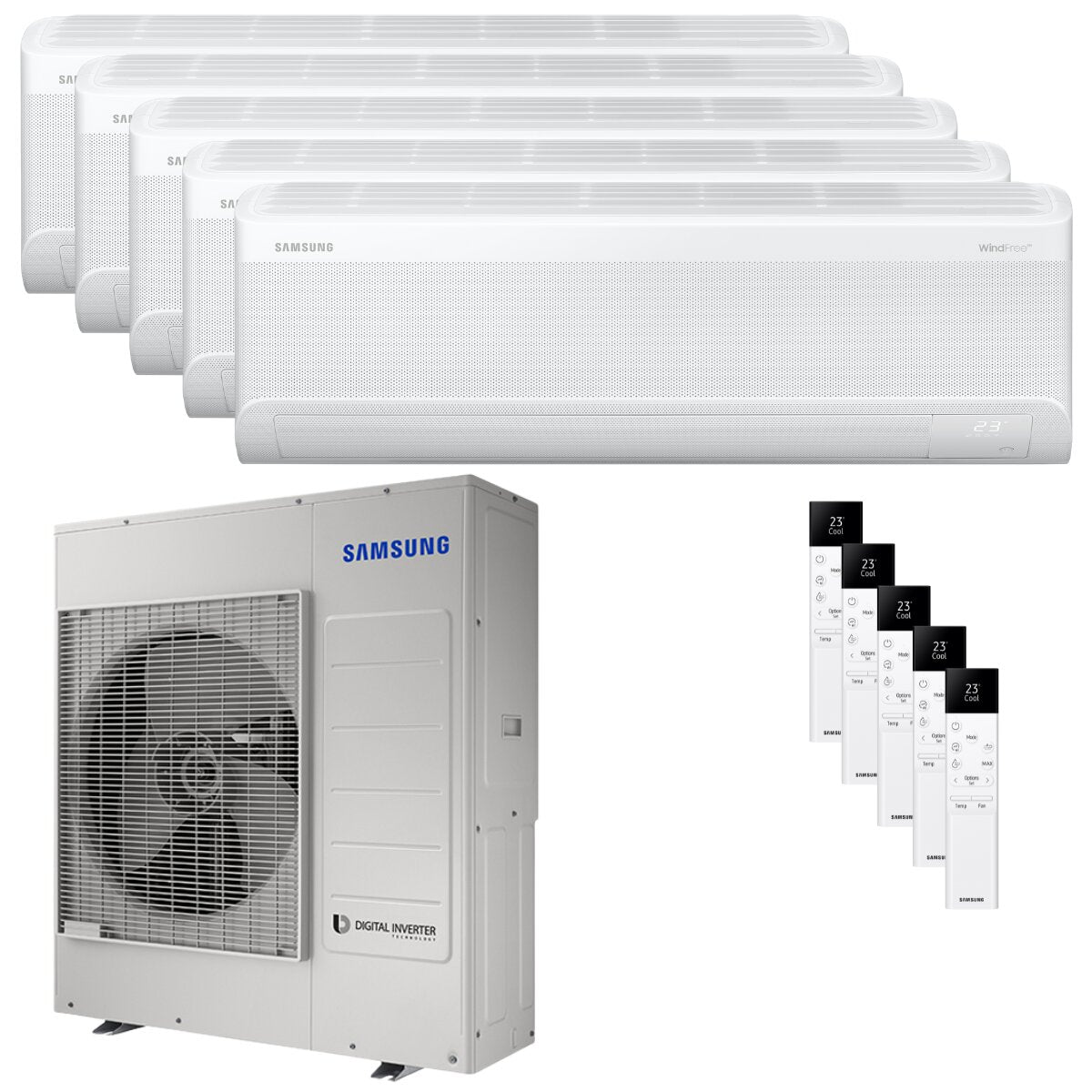 Samsung Windfree Elite S2 penta split air conditioner 7000+9000+12000+12000+12000 BTU inverter A++ wifi external unit 10 kW