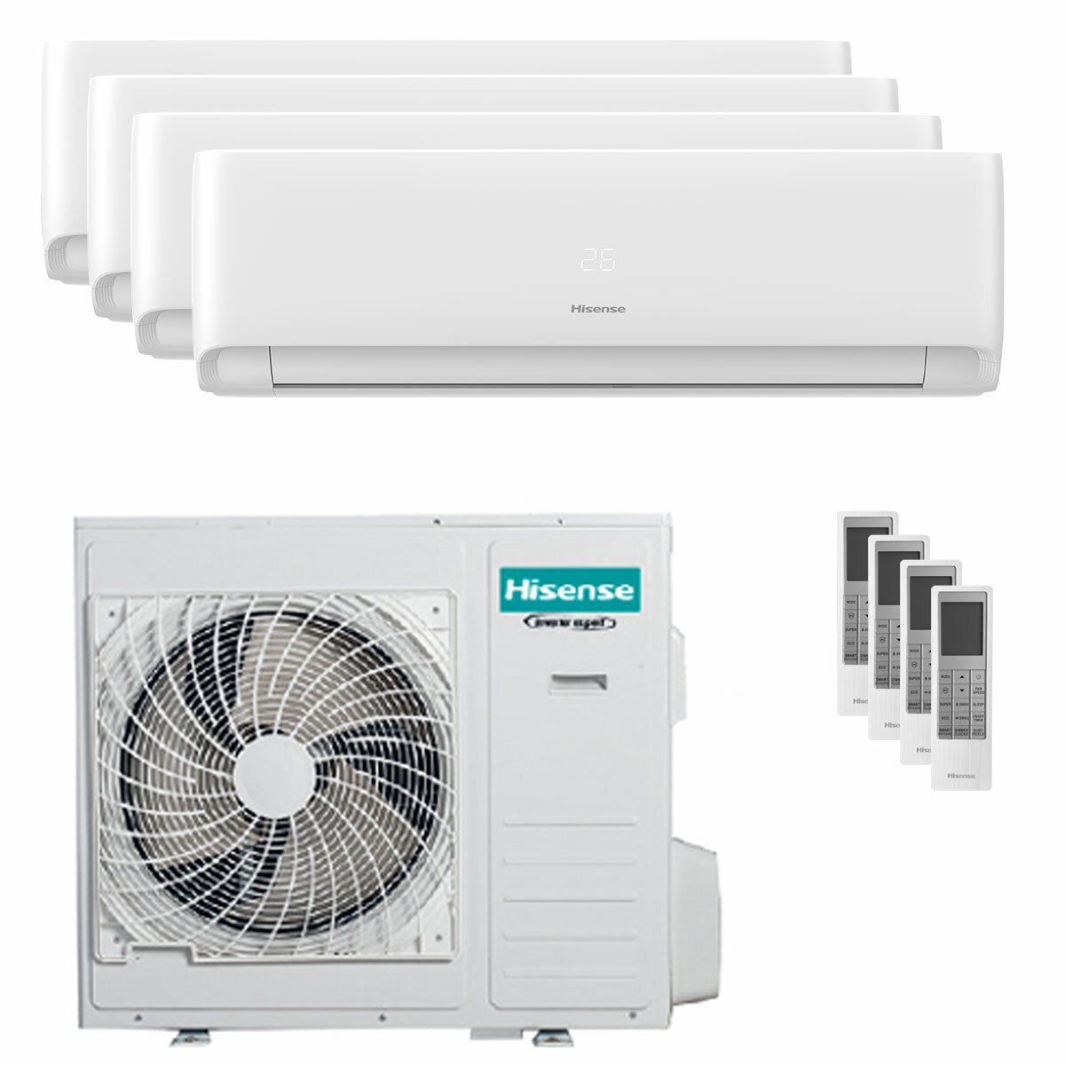 Hisense EcoSense Klimaanlage Quadri Split 7000+9000+9000+18000 BTU Wechselrichter A++ WLAN-Außeneinheit 10 kW 