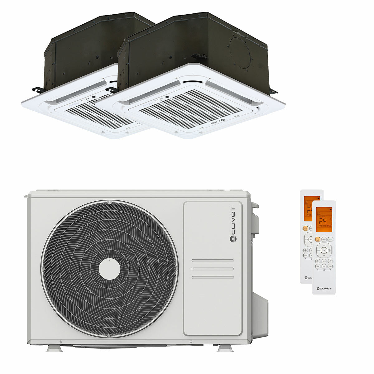 Clivet BOX 2 Klimaanlage 650x650 4-Wege-Dual-Split-Kassette 9000+18000 BTU Inverter A++ Außengerät 5,3 kW