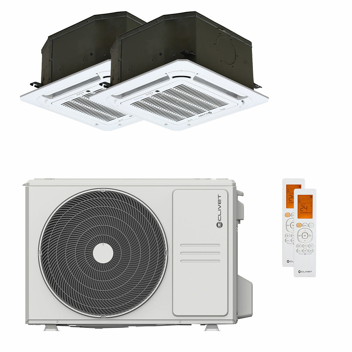 Climatiseur Clivet BOX 2 650x650 cassette double split 4 voies 9000+12000 BTU inverter A++ unité extérieure 5,3 kW