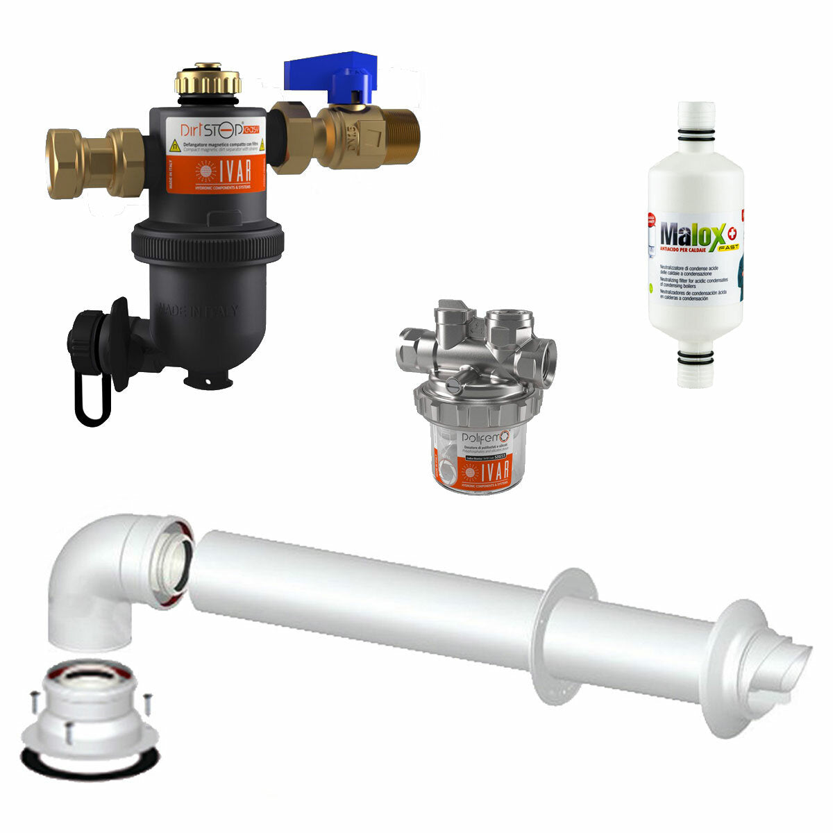 Bosch boiler installation kit with dirt separator - polyphosphate dispenser - condensate neutraliser - coaxial flue gas outlet
