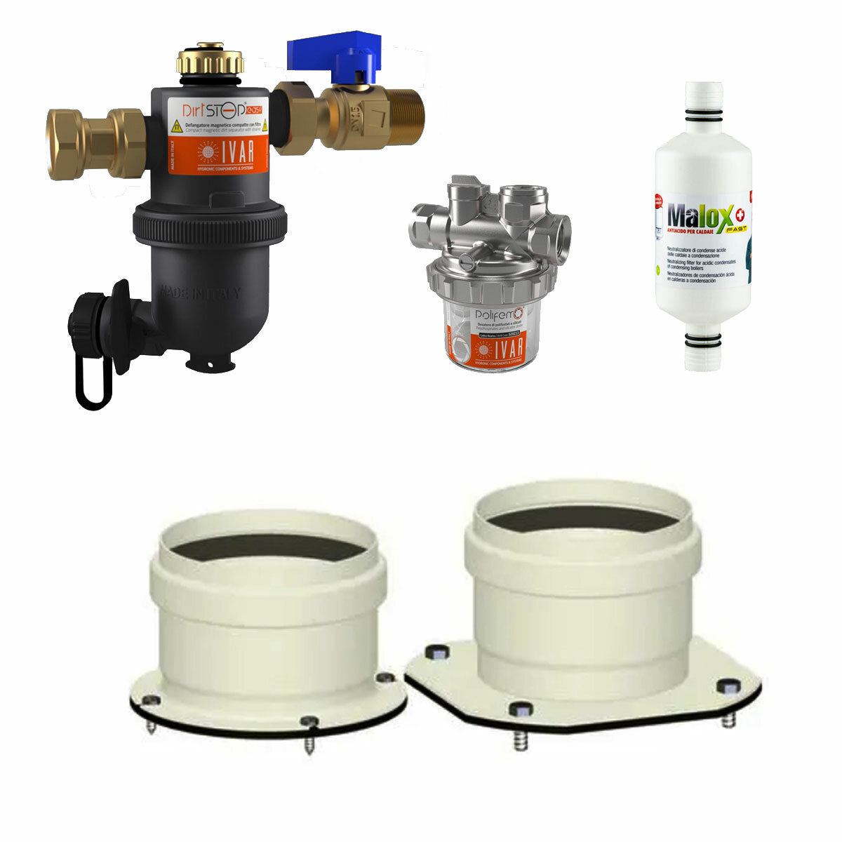 Kit d'installation chaudière Immergas avec séparateur de boues - distributeur de polyphosphate - neutraliseur de condensats - double évacuation des fumées