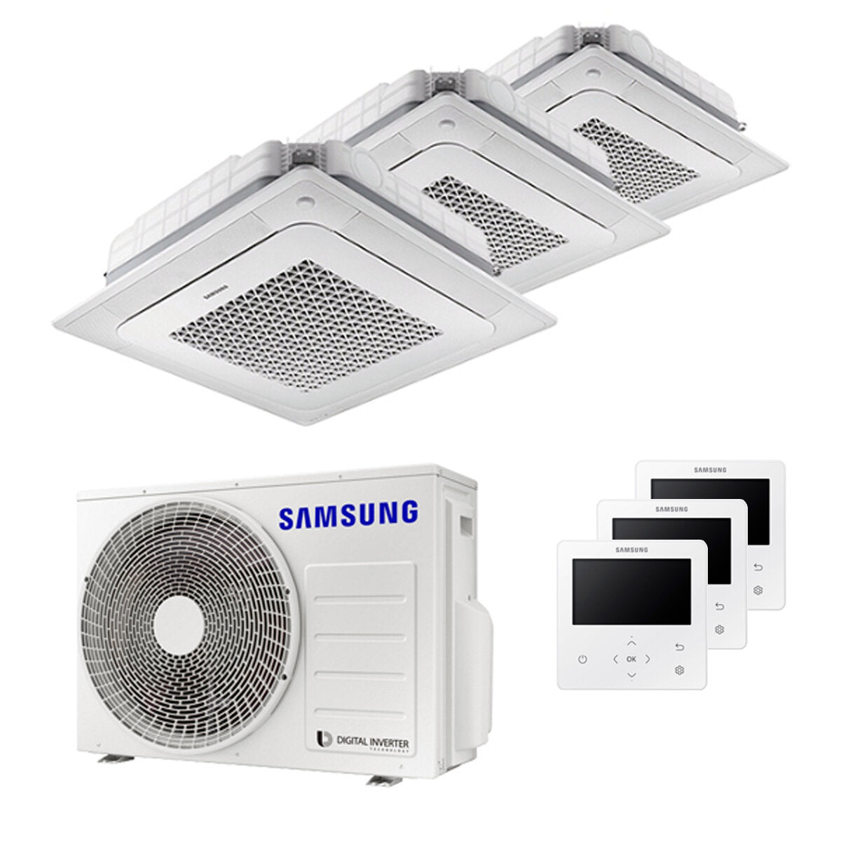 Samsung air conditioner Cassette Windfree 4 ways trial split 7000 + 7000 + 12000 BTU inverter A +++ outdoor unit 5.2 kW