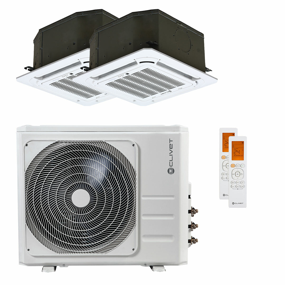 Clivet BOX 2 air conditioner 650x650 4-way dual split cassette 18000+18000 BTU inverter A+ outdoor unit 12.3 kW