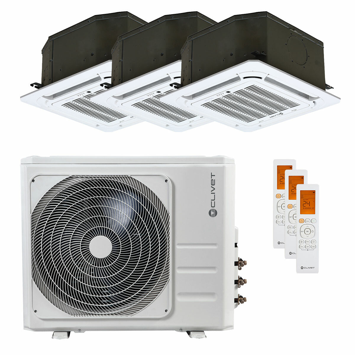 Clivet BOX 2 Klimaanlage 650x650 4-Wege-Test-Split-Kassette 9000+12000+18000 BTU Inverter A+ Außengerät 12,3 kW