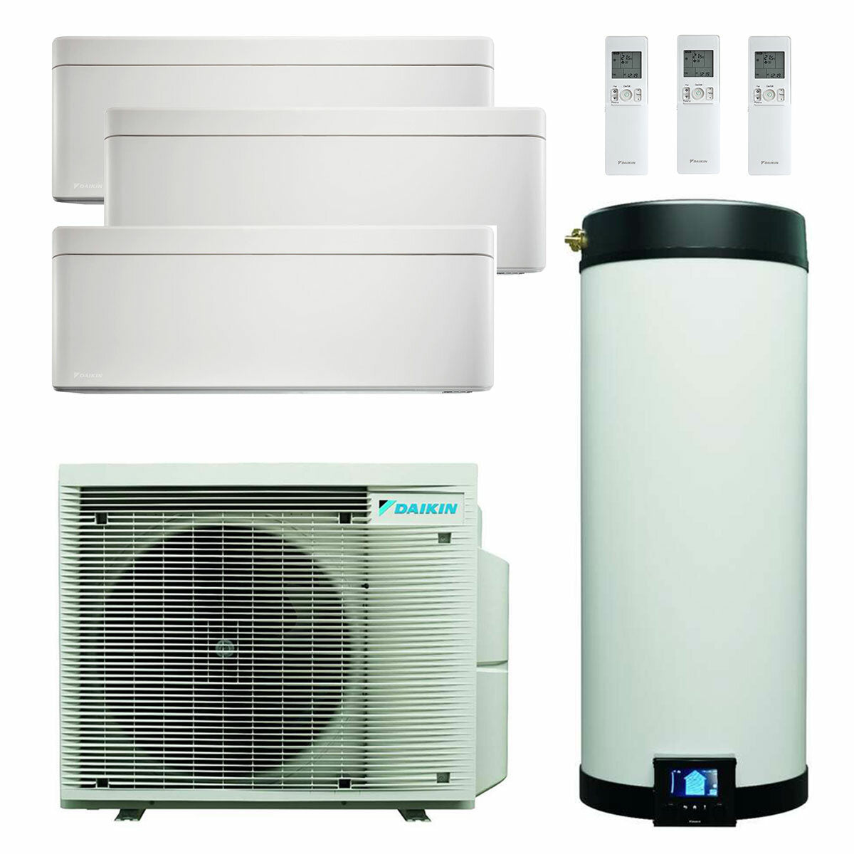 Daikin Multi+ trial split air conditioning system and domestic hot water - Stylish white indoor units 9000+9000+12000 BTU - 120 l tank