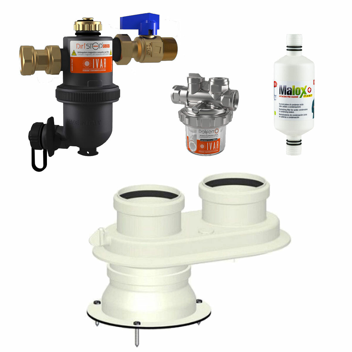 Bosch boiler installation kit with dirt separator - polyphosphate dispenser - condensate neutraliser - double flue gas outlet