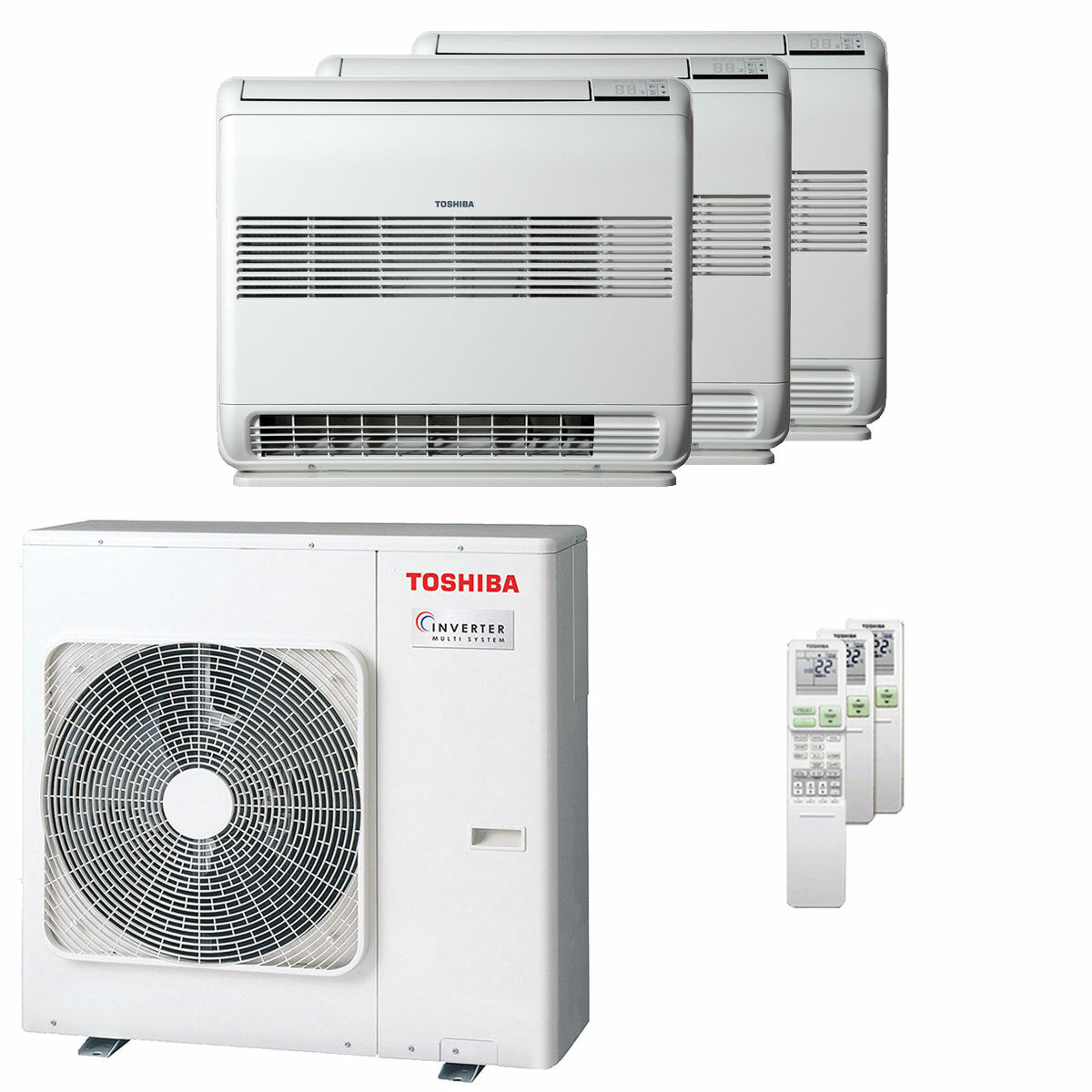 Climatiseur trial split Toshiba Console J2 9000+9000+12000 BTU inverseur A+++ unité extérieure 7 kW 