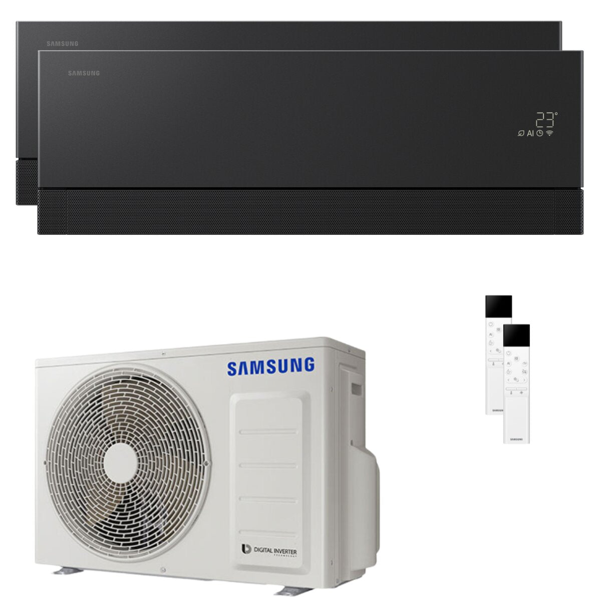 Climatiseur Samsung WindFree Première bi-split 9000+9000 BTU Inverter A+++ avec Wi-Fi et unité extérieure de 4 kW, couleur anthracite.