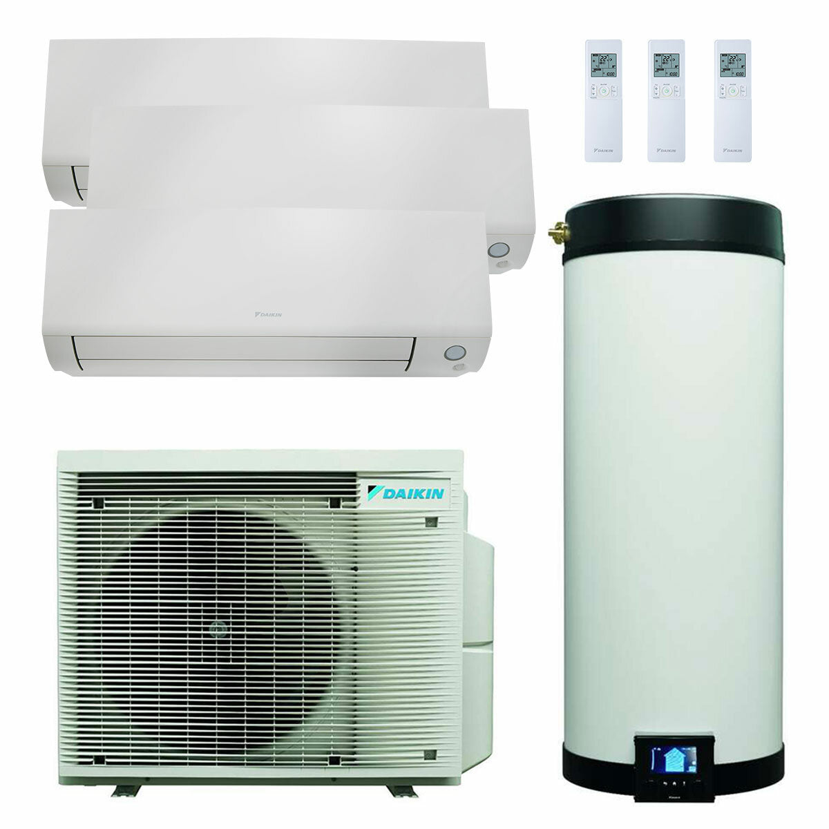 Système de climatisation et d'eau chaude sanitaire trial split Daikin Multi+ - Unités intérieures Perfera All Seasons 9000+9000+12000 BTU - Réservoir 90 l