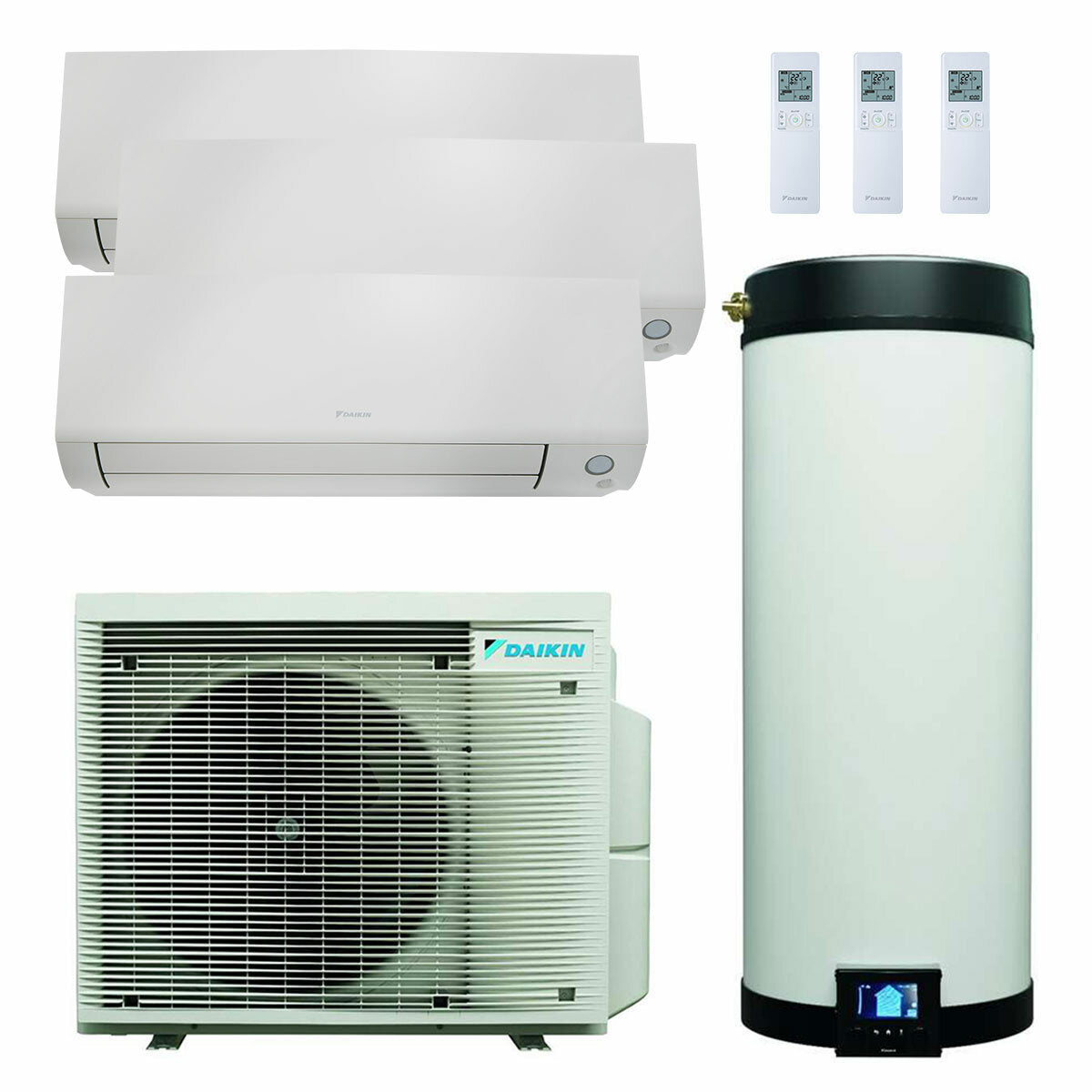 Daikin Multi+ Trial-Split-Klimaanlage und Warmwasser – Perfera All Seasons Innengeräte 9000+9000+12000 BTU – 120-l-Tank