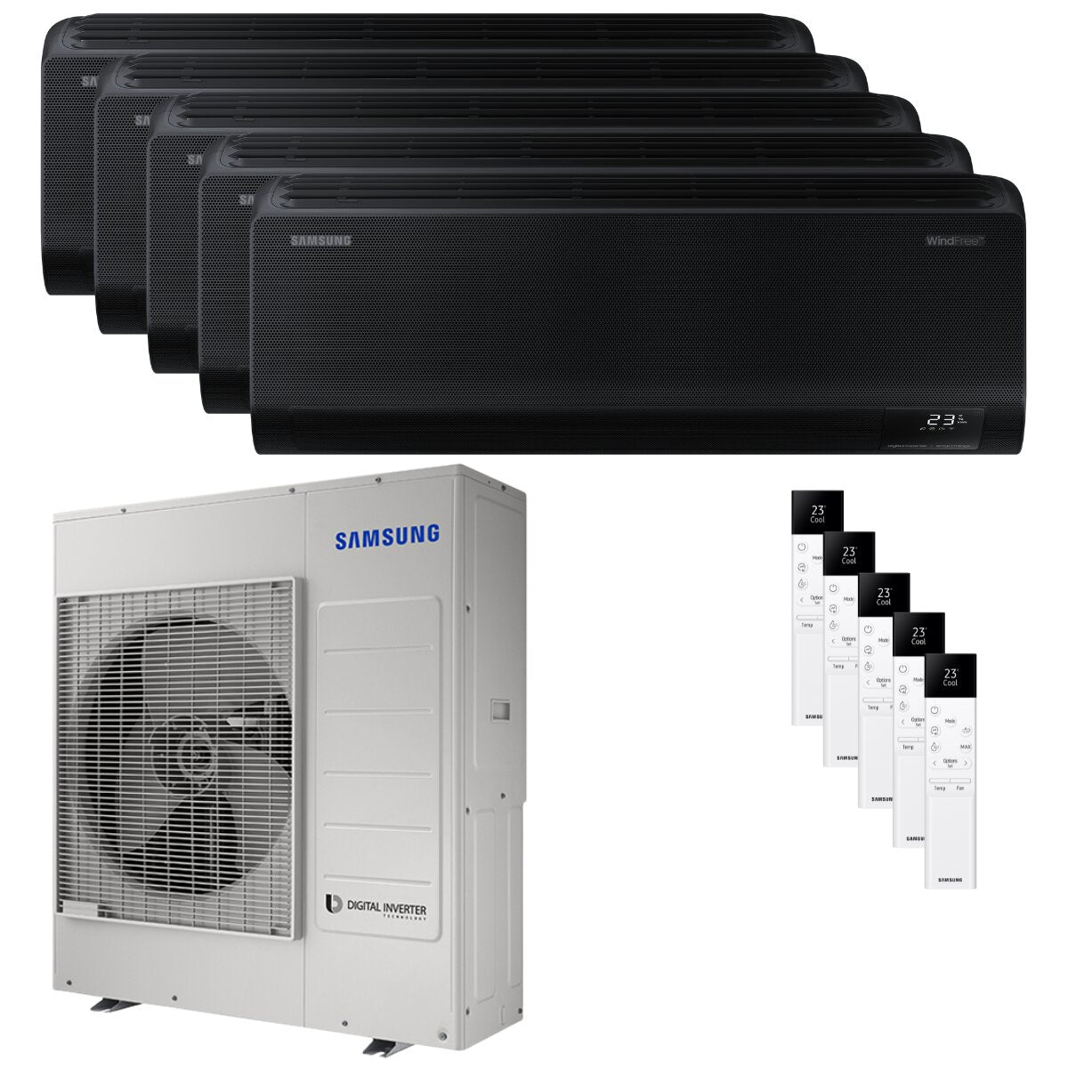 Samsung Windfree Black Penta-Split-Klimaanlage 7000+12000+12000+12000+12000 BTU Inverter A++ WLAN-Außeneinheit 10 kW 