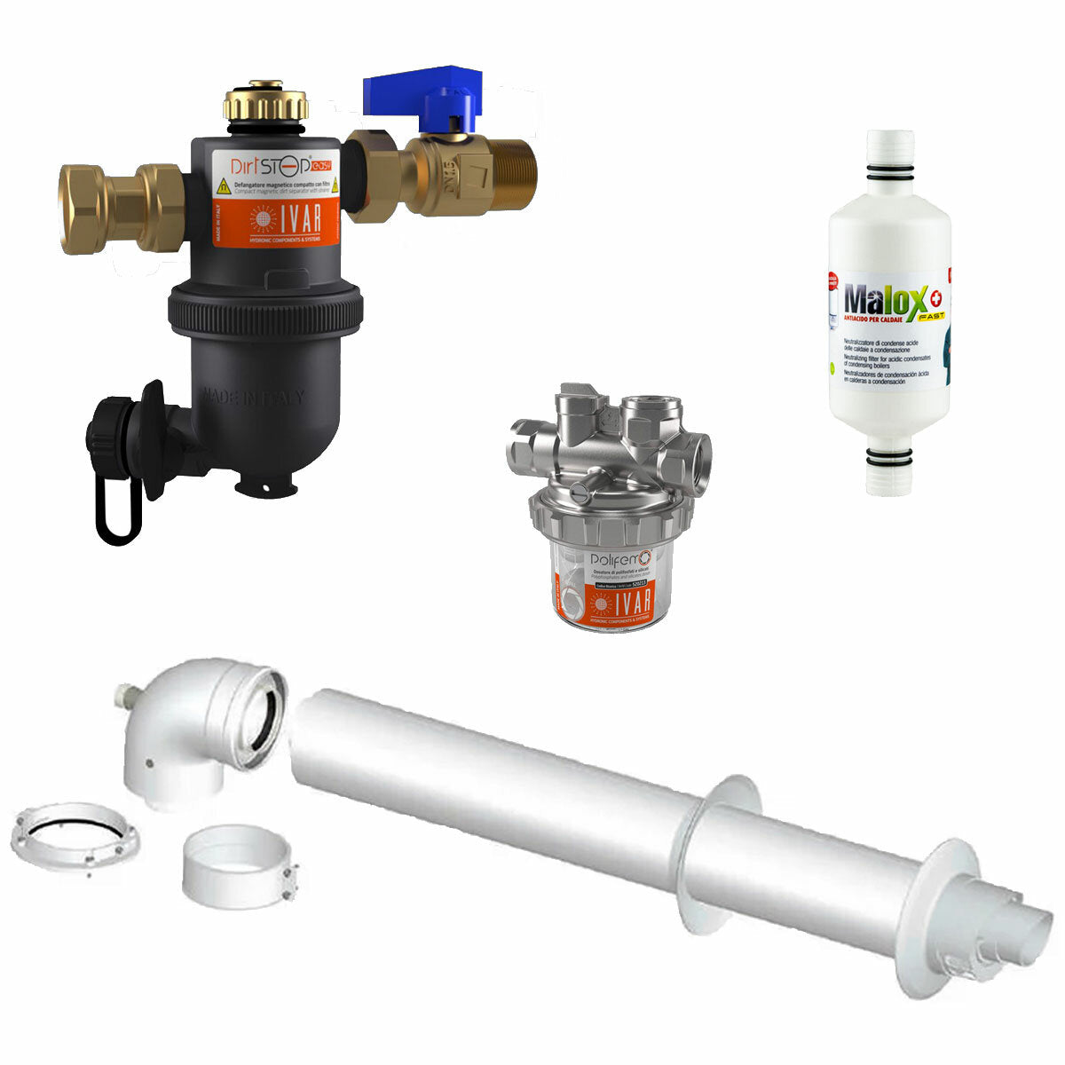 Boiler installation kit with dirt separator - polyphosphate dispenser - condensate neutralizer - universal coaxial fume exhaust