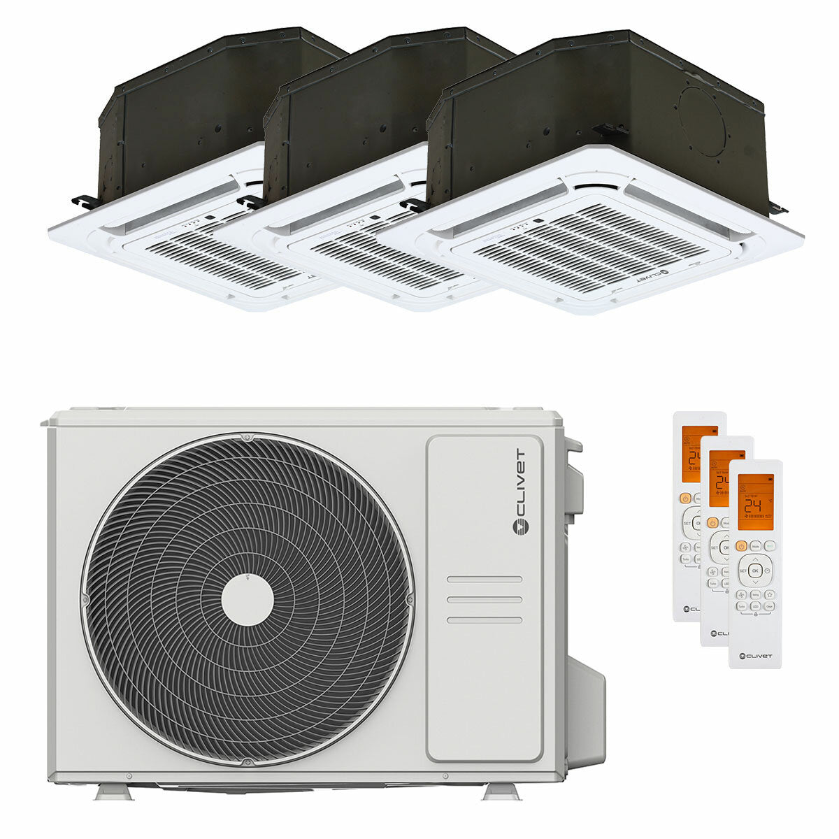 Clivet BOX 2 air conditioner 650x650 4-way trial split cassette 9000+9000+12000 BTU inverter A++ outdoor unit 6.2 kW