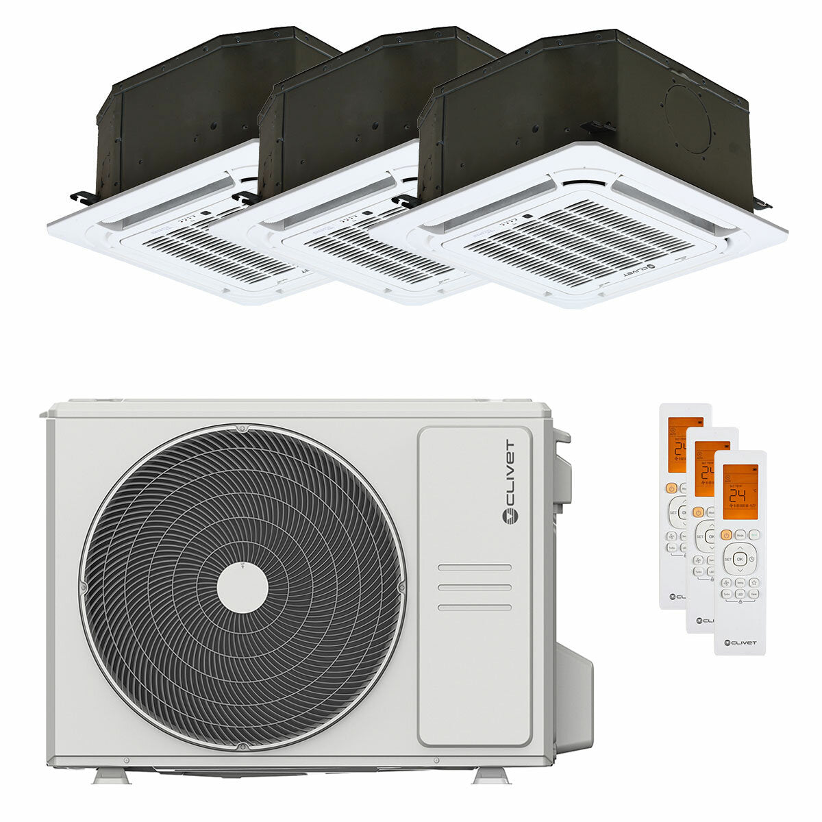 Clivet BOX 2 air conditioner 650x650 4-way trial split cassette 12000+12000+12000 BTU inverter A++ outdoor unit 7.9 kW