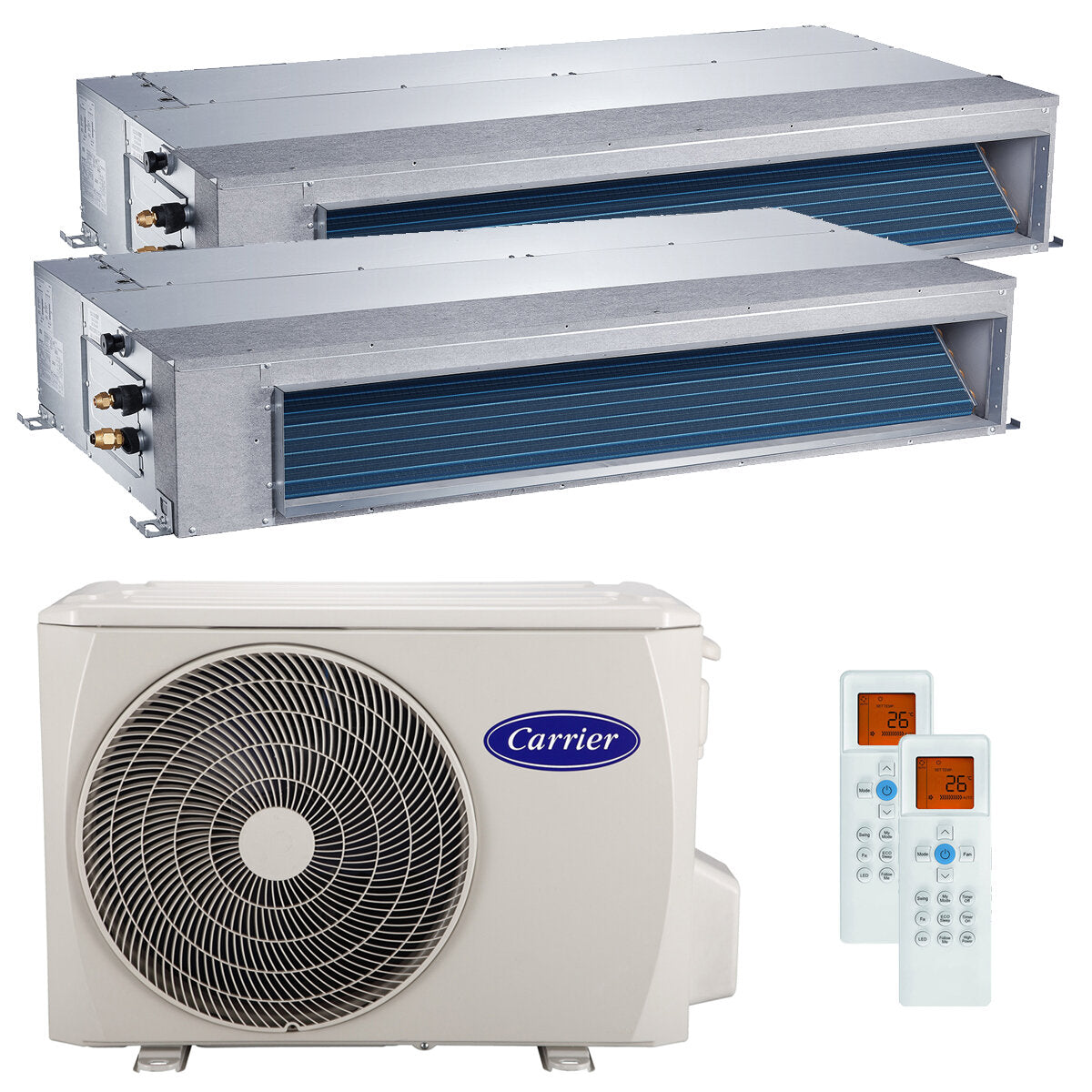 Climatiseur gainable Carrier 42QSS dual split 12000+18000 BTU inverseur A++ externe 8 kW