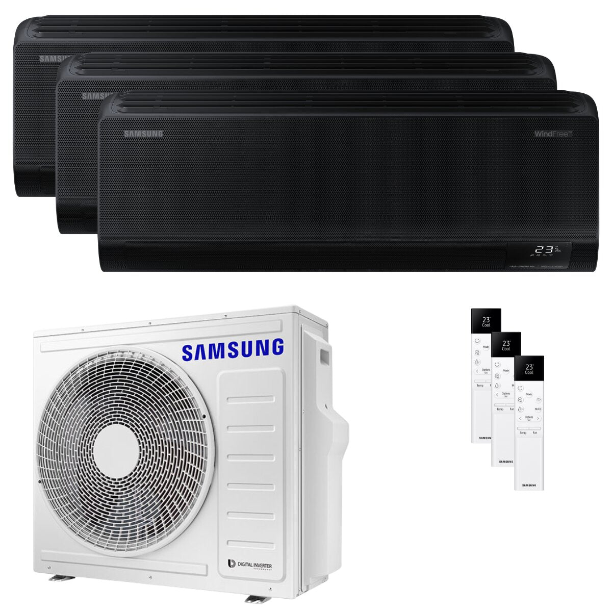 Samsung Windfree Black Trial-Split-Klimaanlage 9000+12000+12000 BTU Inverter A++ WLAN-Außeneinheit 6,8 kW 