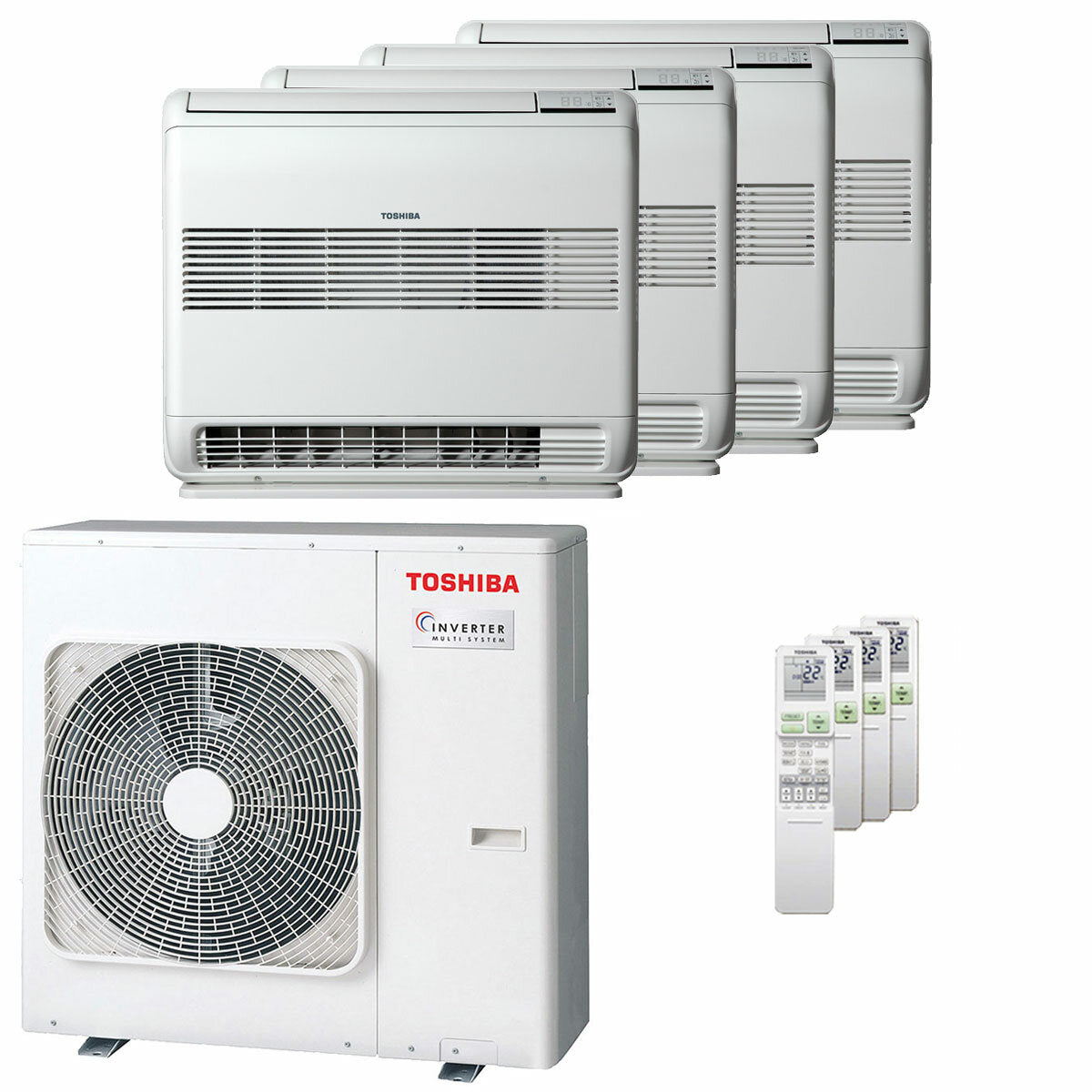 Toshiba Console J2 Klimaanlage, geteilte Panels, 9000+9000+12000+12000 BTU, Wechselrichter A++, Außeneinheit 8 kW 