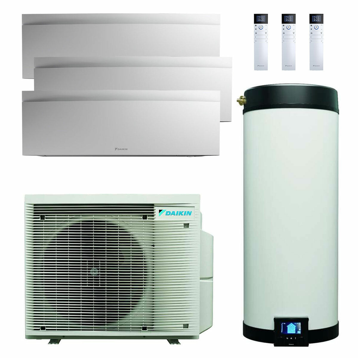 Daikin Multi+ Trial-Split-Klimaanlage und Warmwasser – Innengeräte Emura 3 weiß 9000+9000+12000 BTU – Tank 120 l