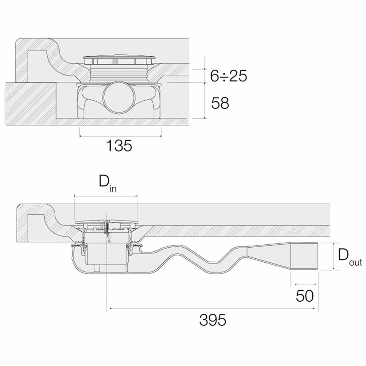 Siphon abaissé Valsir T-58 en PP pour receveur de douche D 90