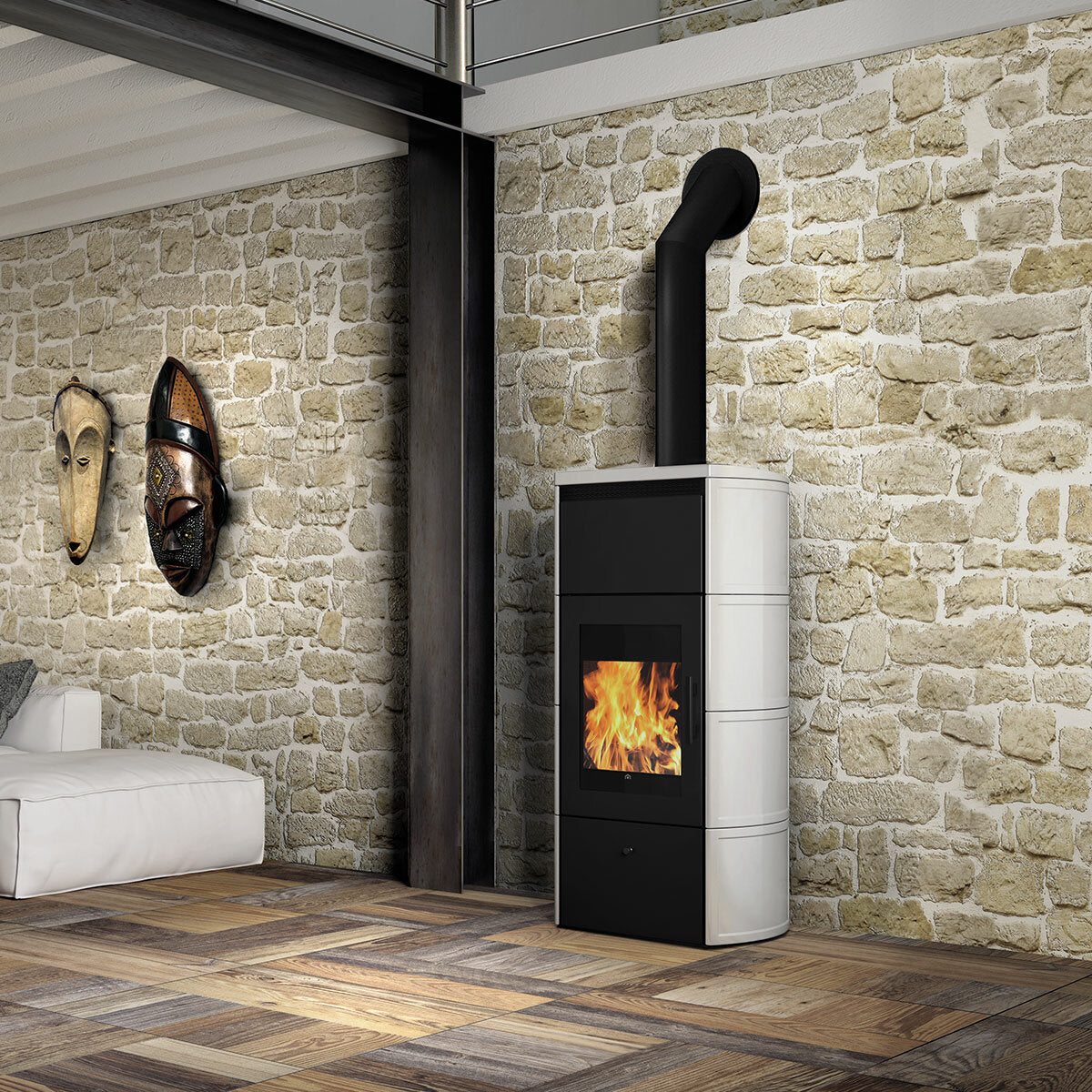 Poêle à bois Edilkamin Flamma 14 kW Idro Blanc crème