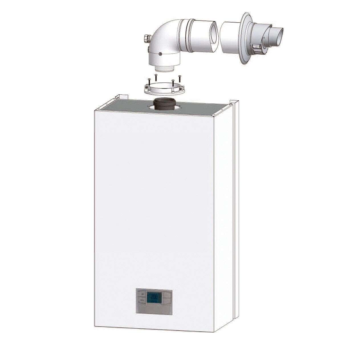 Kit d'installation de chaudière avec évacuation coaxiale universelle des fumées, séparateur de boues, distributeur de polyphosphate et cartouche neutralisante
