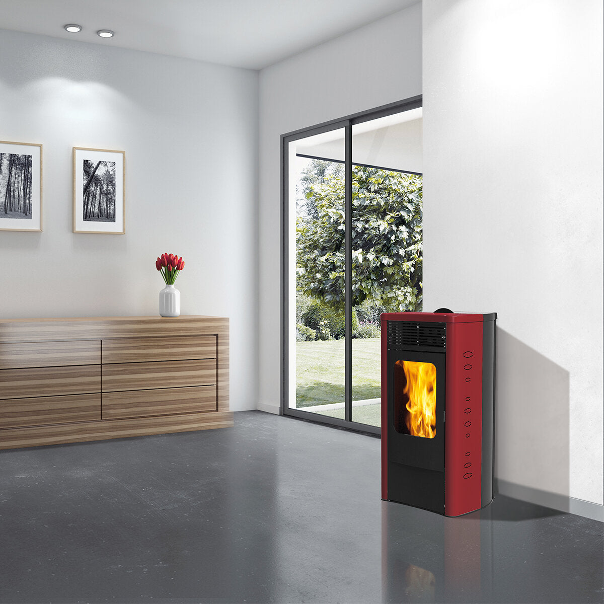 Italiana Camini pellet stove Dida2 Plus 13 kW with ducted air in burgundy
