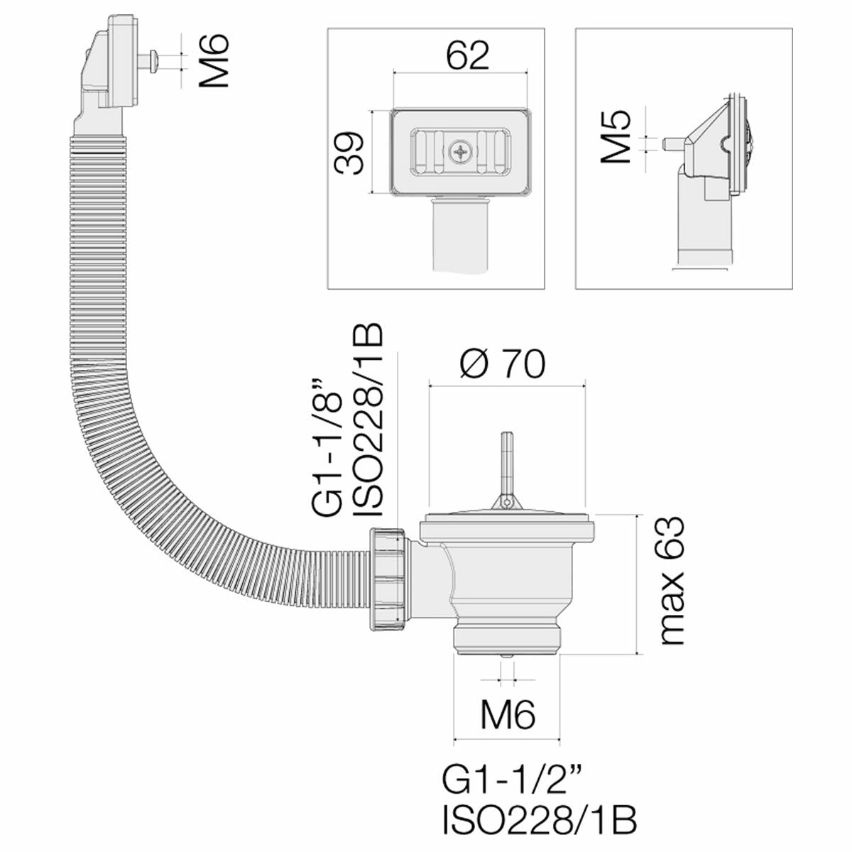 Valsir 1" 1/2 waste with cap and round overflow