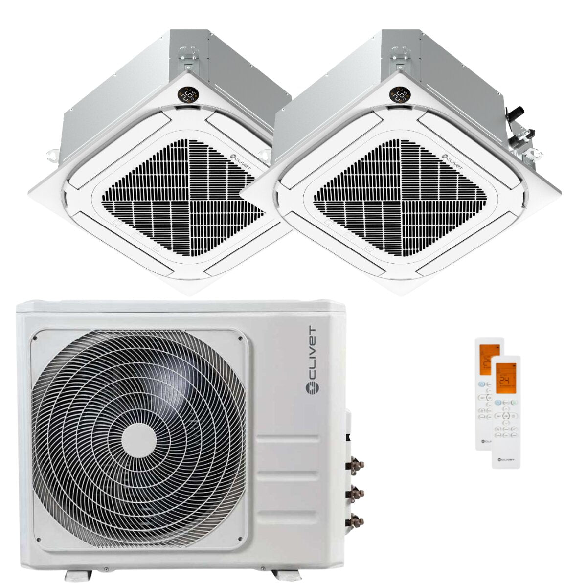 Climatiseur cassette compact 4 voies Clivet IBA1-Y, double split, 18 000 + 18 000 BTU, inverter, Wi-Fi A+, unité extérieure, 12,3 kW 