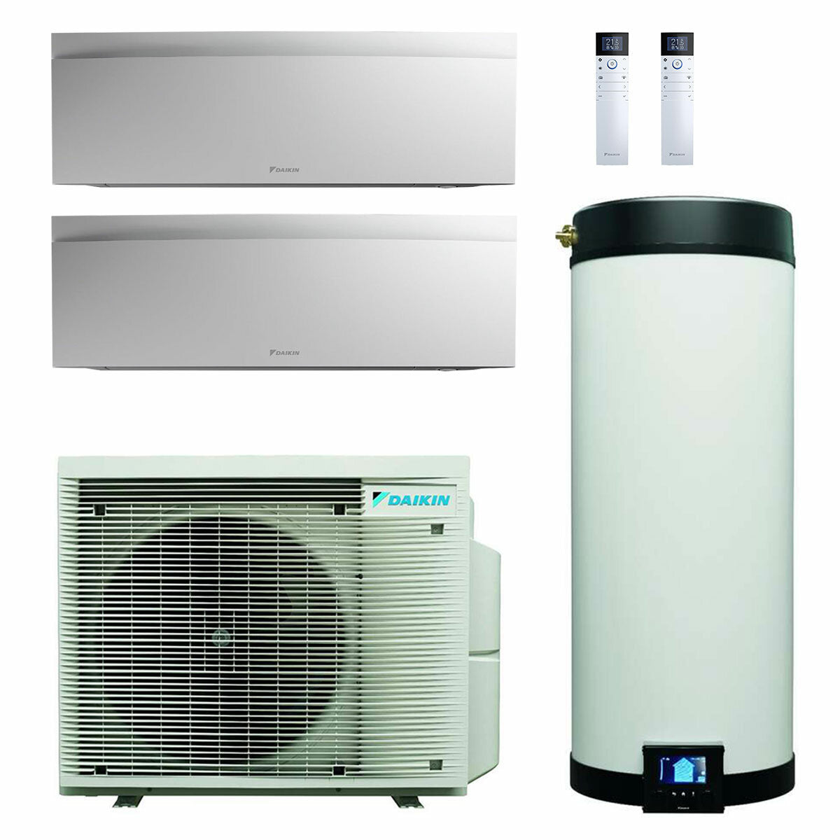 Système de climatisation double split Daikin Multi+ et eau chaude sanitaire - Unités intérieures Emura 3 blanc 12000+12000 BTU - Réservoir 120 l